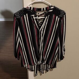 No Boundaries Black and White Striped Blouse with Red Highlights